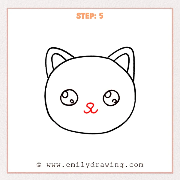 how to draw a cat face - Step 5 of how to draw a cat face—add a small nose between the eyes and draw a simple curved “w” mouth underneath.